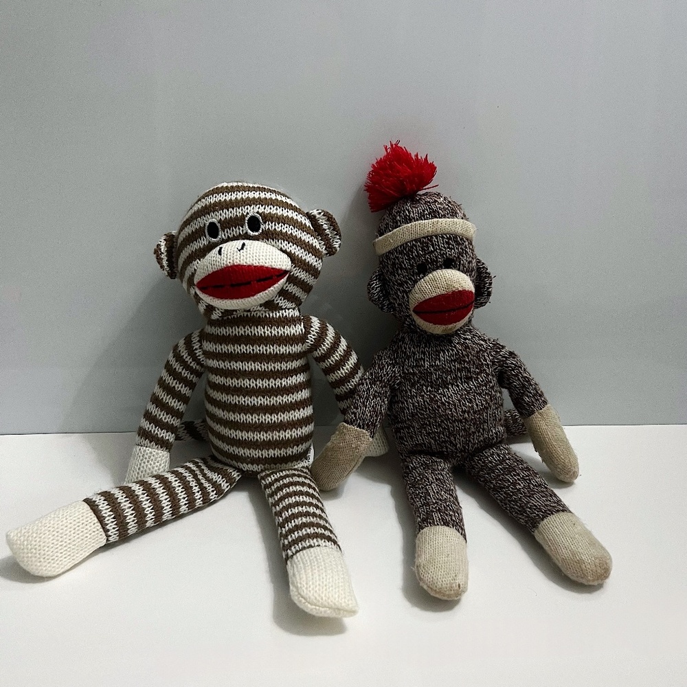 Set of Two Sock Monkeys Brown Vintage Plushie Plush Toy Kids Comfy Cute